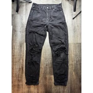 American‎ Eagle Mom Jeans Womens 4 Regular Black Distressed Ripped High Waisted